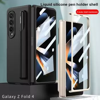 Чехол для телефона из жидкого силикона для Samsung Galaxy Z Fold 4 5g, чехол для телефона с держателем для S-ручки и закаленной пленкой для Z Fold 4 5g Case & Screen Protector античный белый