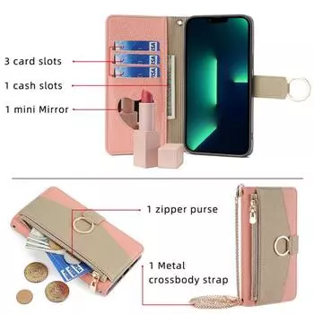Чехол для телефона Кошелек через плечо Plus/15 с металлической цепочкой и зеркальный чехол для Iphone 15/15 Pro/15 Pro Max For iphone 15 Plus розовый