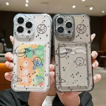 Чехол для телефона Lovely Planet Pattern Clear Card Slot для iPhone 16 Pro Max 15 Pro 14 13 12 11, мягкий силиконовый прозрачный противоударный тонкий чехол-бампер iPhone 16 серый