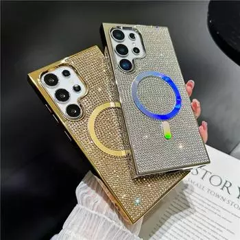 Чехол для телефона Magsafe Diamond Pattern для Samsung Galaxy S24 Ultra S23 Plus/iPhone 15 14 12 13 11 Pro Max Plus с магнитным блеском и блестками Samsung S24 золотой