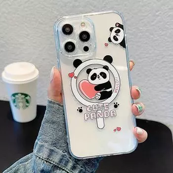 Чехол для телефона Magsafe с беспроводной зарядкой для iPhone 11 12 14 15 13 Pro Max, чехол для iPhone 15 14 Plus, противоударный чехол с милой пандой, задняя крышка For iPhone 12