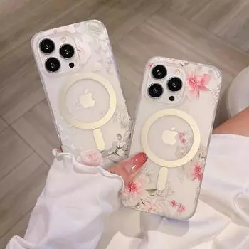 Чехол для телефона Magsafe с глянцевой кожей и несколькими цветочными узорами для Iphone 14 12 11 13 Pro Max 14 Plus, матовый полупрозрачный противоударный чехол For iPhone14ProMax
