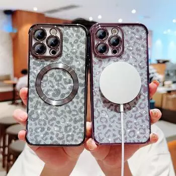 Чехол для телефона Magsafe с магнитной зарядкой для iPhone 15 14 13 12 11 Pro Max Plus с блестящим леопардовым узором и гальваническим покрытием, мягкий чехол для Samsung S23 S22 S21 Samsung S23 Ultra