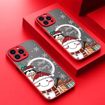 Чехол для телефона Merry Christmas Tree Snowman Print для iPhone 16 15 Pro Max 14 13 Pro 12 11 8 7 для MagSafe Magnetic Shockproof Soft Edge Clear Matte Cover iPhone 16 чёрный