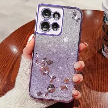 Чехол для телефона Motorola Edge 50 Neo 5G, розовый цветок, прозрачный противоударный защитный чехол с роскошным бриллиантовым блеском Moto Edge 50 Neo розовый