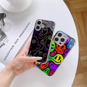 Чехол для телефона N150 с цветными лицами, линиями, рисунком, искусством, для iPhone 16, 15 Pro Max, Samsung S24, A54, A35, Xiaomi, Redmi Note 13, рамка с покрытием, закаленное стекло for iPhone 6/6S
