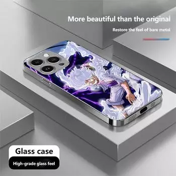 Чехол для телефона N201 One Piece Luffy Gear 5 art для iPhone 16 15 Pro Max 8 Samsung S24 S23 A54 A35 Redmi Note 13 12 Pro с позолоченной рамкой и закаленным стеклом for iPhone 6/6S