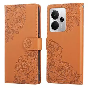 Чехол для телефона Realme 14 5G/Neo7x 5G/P3 5G/14T 5G , Чехол-кошелек из ПУ кожи с рисунком розы, с 3 отделениями для карт/ремешком на запястье Brown