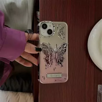 Чехол для телефона с 3D бабочкой и полым кронштейном для iPhone 15 ProMax 14 13 Pro Max 15 12 Pro, модный матовый чехол-подставка с градиентным покрытием iPhone 15 Pro Max чёрный