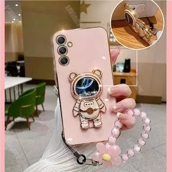 Чехол для телефона с астронавтом и цветочным ремешком для Samsung S24 S23 Ultra S22 S21FE A15 A14 A24 A34 A54 A13 A23 A33 A54/Redmi 12 12C 10 Note 12 11, чехол-ремешок с подставкой iphone 7 8 розовый