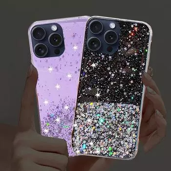 Чехол для телефона с блестками и звездами для iPhone 15 14 13 12 11 Pro Max X XR XS Max 7 8 15 Plus, мягкий силиконовый прозрачный прозрачный чехол For iPhone 8 Plus чёрный