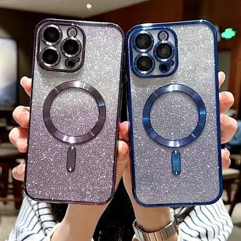 Чехол для телефона с блестящей пудрой и постепенной зарядкой цвета для iPhone 15 14 13 12 11 Pro Max XR Xs Max Samsung S21 S22 S23, полная защита объектива Samsung S23 Ultra чёрный