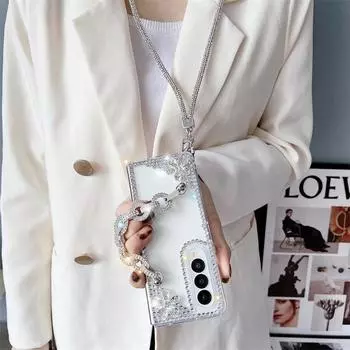 Чехол для телефона с бриллиантами и жемчугом для Samsung Galaxy Z Fold 4 Stand Z Fold 3 Z Fold 2, роскошный блестящий чехол с цепочкой на запястье, Чехлы For Z Fold 2