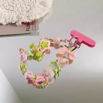 Чехол для телефона с цепочкой против потери в форме банта из нерегулярных бусин и пентаграммы, кулон на шнурке