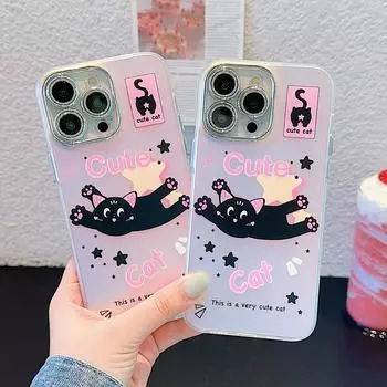 Чехол для телефона с черным котом IMD Dazzle Colorful, чехол для телефона iPhone 15 14 13 12 11 Pro Max 7 Plus Laser Cover iPhone 15 Pro Max чёрный