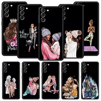 Чехол для телефона с черными каштановыми волосами для ребенка, мамы и дочки, сына для Samsung Galaxy S24 S23 S22 S20 Ultra S21 FE 5G S10 S9 Plus S10E, силиконовый чехол Samsung S23 FE