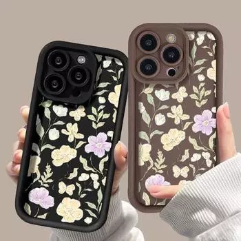Чехол для телефона с цветами для iPhone 15 14 13 12 11 Pro Max X XR XS Max 7 8 Plus SE3 Чехлы для телефонов с мультяшным цветочным узором Силиконовый противоударный бампер задняя крышка iPhone 15 чёрный