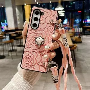 Чехол для телефона с цветком из кожи через плечо для Samsung Galaxy Z Fold 6 5 4 3 Fold6 Fold5 Fold4 Fold3 5G Hard Shell Противоударный чехол Galaxy Z Fold3 оранжевый