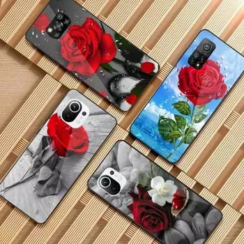 Чехол для телефона с цветком красной розы для Xiaomi 12 11T 10 9 Redmi Note 11 10 10S Pro Redmi 9 9A 8, черный стеклянный чехол для телефона из поликарбоната Xiaomi 12-12X