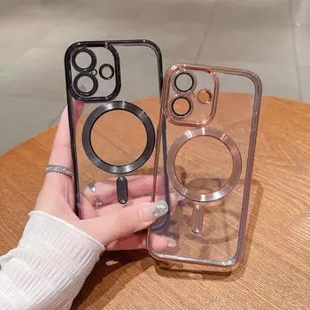 Чехол для телефона с цветной рамкой и прозрачным магнитным покрытием для iPhone 16 Pro Max 15 14 13 12 11 для Magsafe Soft TPU, противоударный, защита объектива, тонкий бампер iPhone 16 чёрный