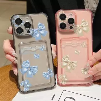 Чехол для телефона с цветным бантом и слотом для карт для iPhone 16 15 14 13 Pro Max 12 11, ударопрочный, прозрачный, мягкий, из ТПУ, для защиты линз, тонкий, противоударный чехол iPhone 16 синий/серый