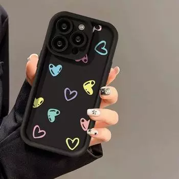 Чехол для телефона с цветным граффити и сердечком для iPhone 16 15 14 13 12 11 Pro Max X XR XS Max 7 8 Plus SE, мягкий противоударный силиконовый чехол для задней панели телефона TPU iPhone 15 чёрный