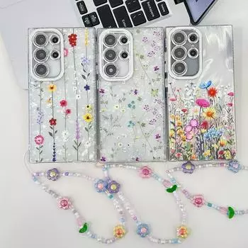 Чехол для телефона с цветочным браслетом и блестящим цветочным принтом для Samsung S25 S24 FE S23 Ultra A55 A54 A35 A25 A15, роскошный противоударный прозрачный бампер IMD Samsung S25