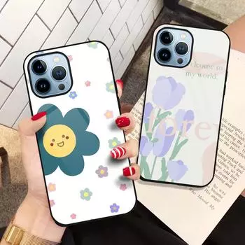 Чехол для телефона с цветочным принтом для Iphone 14 13 12 11 Pro Max Mini Xs Xr X 7 8 6s Plus Se 2022, защитный чехол из закаленного стекла For iphone 12 mini