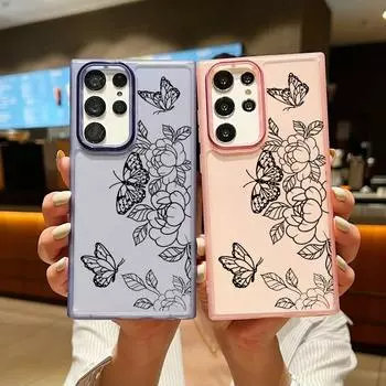 Чехол для телефона с цветочным принтом и бабочками для Samsung S24 Plus S23 Ultra S22 S21 S20 FE A54 A53 A52 A34, мягкий, прозрачный, ударопрочный, тонкий чехол Samsung S24 чёрный