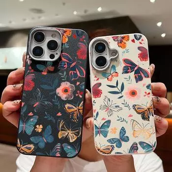 Чехол для телефона с цветочным рисунком в виде бабочек из кожи и текстурой для iPhone 16 Pro Max 15 Pro 14 Plus 13 12 11, матовый тонкий противоударный мягкий бампер из ТПУ iPhone 16 чёрный