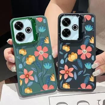 Чехол для телефона с цветочным узором и подставкой для камеры Xiaomi Poco X6 X5 Pro Redmi Note 13 11 10 Pro 12, ударопрочный, мягкий, тонкий чехол-накладка из ТПУ карамельного цвета Redmi Note 13 Pro 5G чёрный