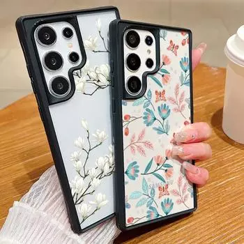 Чехол для телефона с белыми персонажами и цветочным принтом для Samsung S25 S24 S23 Ultra Plus A55 A54 A35 A34 A25 A15 5g, ударопрочный, тонкий, с мягкими краями, гибридный акриловый чехол Samsung S24 дубильная кора