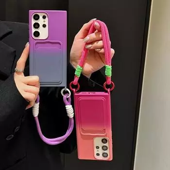 Чехол для телефона с держателем для карт градиентного цвета и шнурком для Samsung S24 S23 Plus Ultra S21 S20 Fe A55 A54 A35 A25 A15 A14 A13 5g, ударопрочный, мягкий чехол из ТПУ Samsung S24 розовый