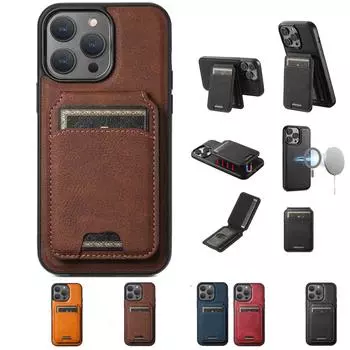 Чехол для телефона с держателем для карт из кожи, магнитная подставка, беспроводная зарядка, кожаный чехол в 1, съемный чехол для карт, совместимый с (для 16 Pro Max) One Size винный