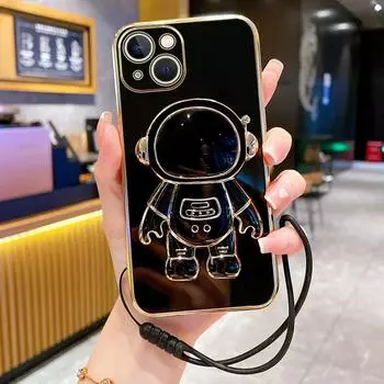 Чехол для телефона с держателем космонавта и ремешком для Samsung S23 S22 S21 A13 A23 A33 A53 A52 A22 A32/Redmi 10 9 9A 9C 9T Note 10 11/iphone14 13 12 11 Pro X XR max iphone 7 8 se 2020 чёрный