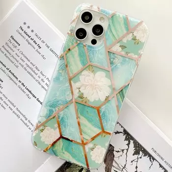 Чехол для телефона с гальваническим геометрическим мрамором и цветочной текстурой для iPhone 15 14Plus 13 12 11 Pro Max XSMAX для Samsung S24 S23 S22 S21Ultra Plus A15 A05 A25 iPhone 7/8/SE 2020 чёрный