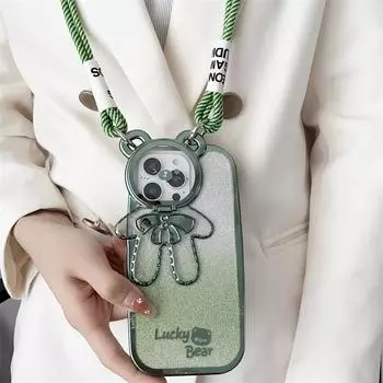 Чехол-ремешок с гальваническим покрытием Bear Crossbody для iPhone 16 15 14 13 12 11 Pro XS Max X XR 7 8 Plus, противоударный, мягкий чехол iPhone 13 зелёный