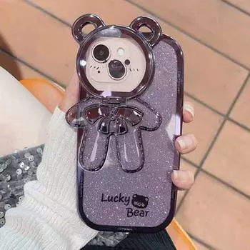 Чехол для телефона с гальваническим покрытием и держателем линзы «Сверкающий медведь» для iPhone 14 13 12 11 Pro XS Max X XR 7 8 Plus, противоударный мягкий чехол iPhone 7 Plus синий