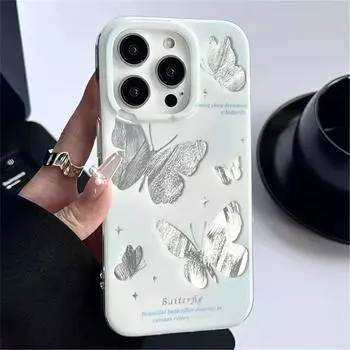 Чехол для телефона с градиентным пером, лазерным серебряным узором бабочки для iPhone 15 Pro Max 12 13 14 Pro Max, блестящий противоударный чехол For iPhone 12