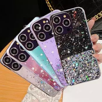 Чехол для телефона с градиентом и бриллиантами и блестками для iPhone 15 14 13 12 11 Pro Max X XR XS Max 7 8 15 Plus, противоударный мягкий силиконовый прозрачный чехол из ТПУ For iPhone 8 Plus чёрный