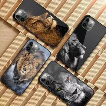 Чехол для телефона с изображением льва для IPhone 13 12 11 XS X 8 7 6 Plus Mini Pro Max SE 2022, черный стеклянный чехол из поликарбоната и ТПУ iPhone 13