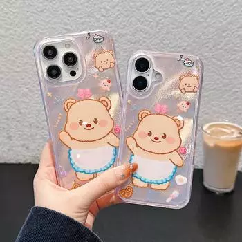 Чехол для телефона с изображением милого медведя из мультфильма для iPhone 16 13 14 15 Pro Max Laser IMD Color Shell iPhone 16 Pro Max разноцветный