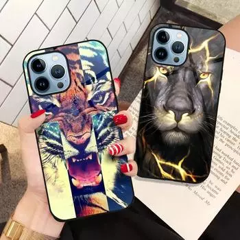 Чехол для телефона с изображением тигра и льва для Iphone 14 13 11 12 Pro Max Mini Xs Xr X 7 8 6s Plus Se 2022, задние чехлы из закаленного стекла For iphone 12 mini