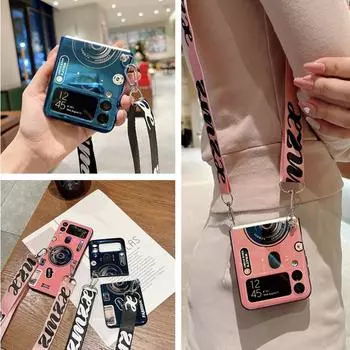 Чехол для телефона с камерой в стиле ретро Blue Ray для Samsung Galaxy Z Flip 3 Z раза 4 5 S22 S23 Ultra S20 plus A12 A22 A32 A52, складной силиконовый чехол с плечевым ремнем Samsung S22 синий