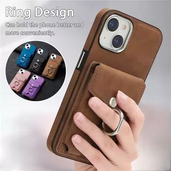 Чехол для телефона с кольцом для Samsung Galaxy S23 Ultra S22 Plus S21 FE A54 A34 A14 A73 A53 A33 A13 A72 A52 A12 для iPhone 14 Plus 13 Pro 12 11, кожаный чехол Samsung S21 FE чёрный