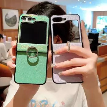 Чехол для телефона с кольцом из кожи с зерном личи для Samsung Galaxy Z Flip 5 4 Flip5 Flip4 Flip3 5G, противоударный чехол для предотвращения падения Galaxy Z Flip 5 синий