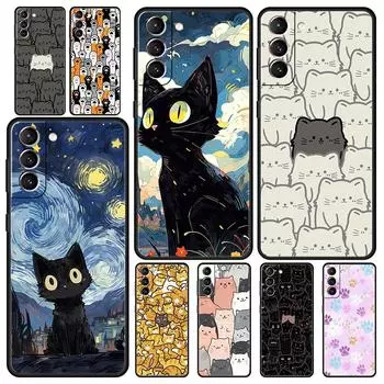 Чехол для телефона с кошачьим принтом для Samsung Galaxy S24 S23 Ultra S22 S21 S20 FE 5G S10 S10E S9 Plus S8, мягкий силиконовый черный чехол-бампер Samsung S21Ultra