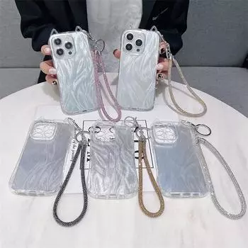 Чехол для телефона с кошачьими ушками и лазерными перьями и хрустальным браслетом для iPhone 15 Pro Max 14 Plus 13 12 11 Pro XS XR 7 8P SE Универсальный защитный чехол от падения iPhone 15 Pro Max чёрный