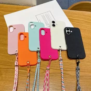 Чехол для телефона с кожаной текстурой и ремешком через плечо для iPhone 16, 15 Plus, 14 Pro, 13, 12 Pro Max, 11, противоударный, мягкий, из ТПУ, карамельного цвета iPhone 16 чёрный