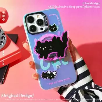 Чехол для телефона с магнитной подставкой и милым черным котом, совместимый с iPhone15 14 13 12/11promax/xsmax/xr 7/8plus Magnetic Stand